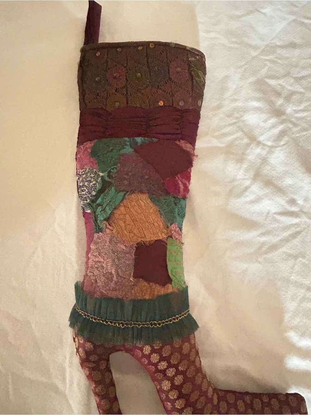 Pier 1 Patchwork Style Victorian Christmas Stocking High Heeled Boot
